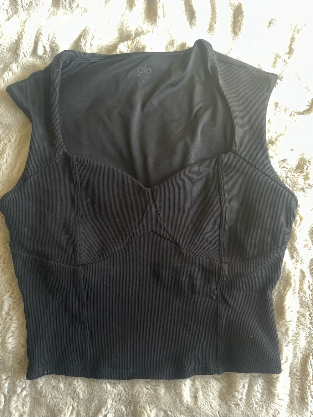 ALO Yoga Sz L Black Ribbed Sweetheart Short Sleeve Top
